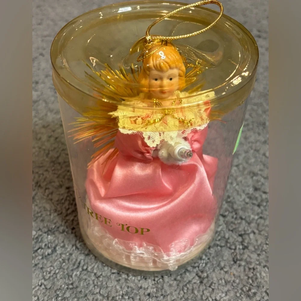 Vintage Victorian Light Up Angel Pig Tail Tree Topper Pink Gold Dress 5”